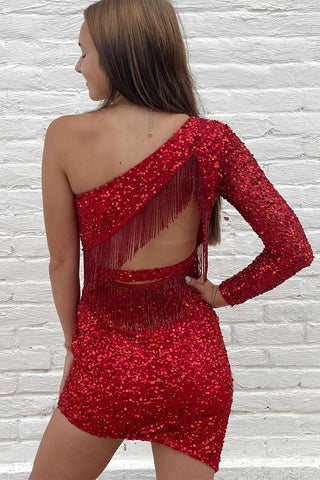 Red Sequin One-Sleeve Cutout Back Short Party Dress with Fringes