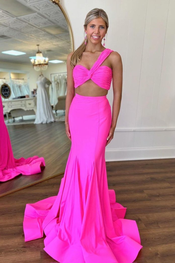 Two Piece Hot Pink One-Shoulder Mermaid Long Prom Dress