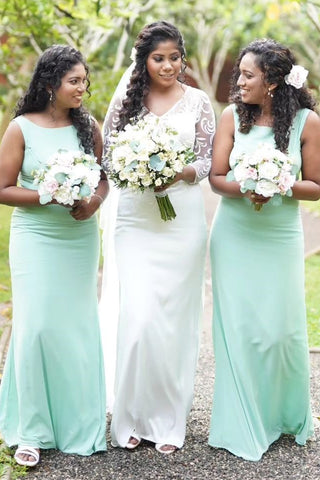 Mintgrünes, langes Brautjungfernkleid im Meerjungfrau-Stil mit Rundhalsausschnitt