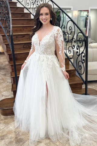 White A-line Tulle Plunging V Neck Appliques Long Wedding Dress with Slit