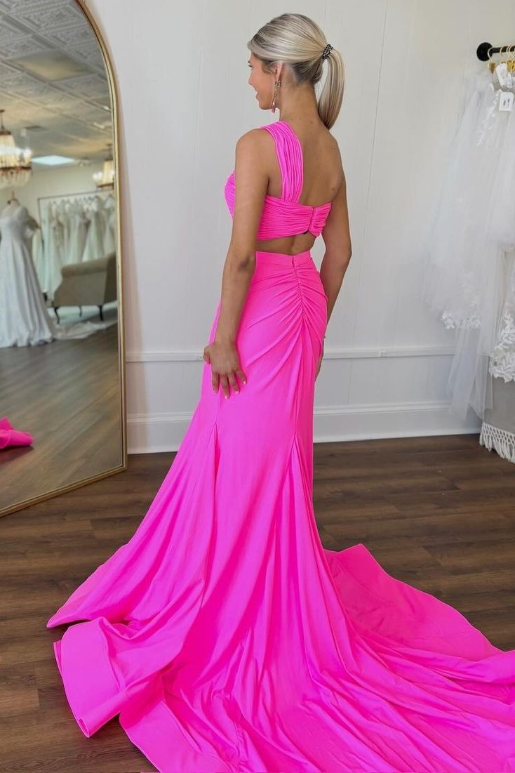 Pleated Two Piece Hot Pink One-Shoulder Mermaid Long Prom Dress