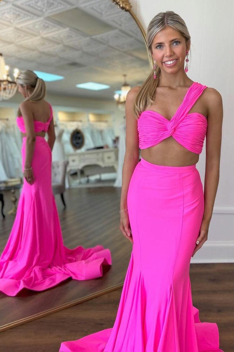 Hot Pink Two Piece One-Shoulder Mermaid Long Prom Dress