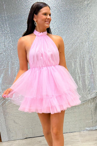 Pink Tulle Halter Short Homecoming Dress with Ruffles
