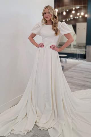 Ivory A-line Puff Sleeves Satin Sweeping Long Wedding Dress