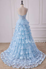 Light Blue Tulle Appliques Spaghetti Strap Ruffle Gown