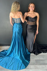 Blue Strapless Sheer Bodice Mermaid Long Formal Dress with Slit