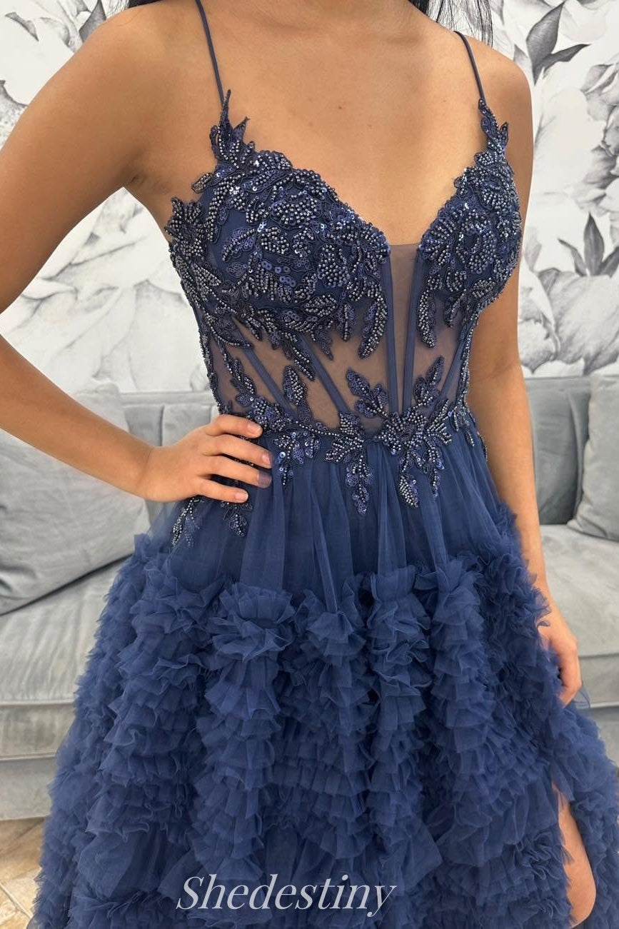 Navy V-Neck Pleated Tiered Prom Dress with Slit