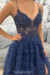 Navy V-Neck Pleated Tiered Prom Dress with Slit