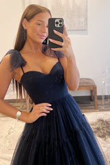 Polka Dot Sweetheart Bow Strap A-Line Long Prom Dress