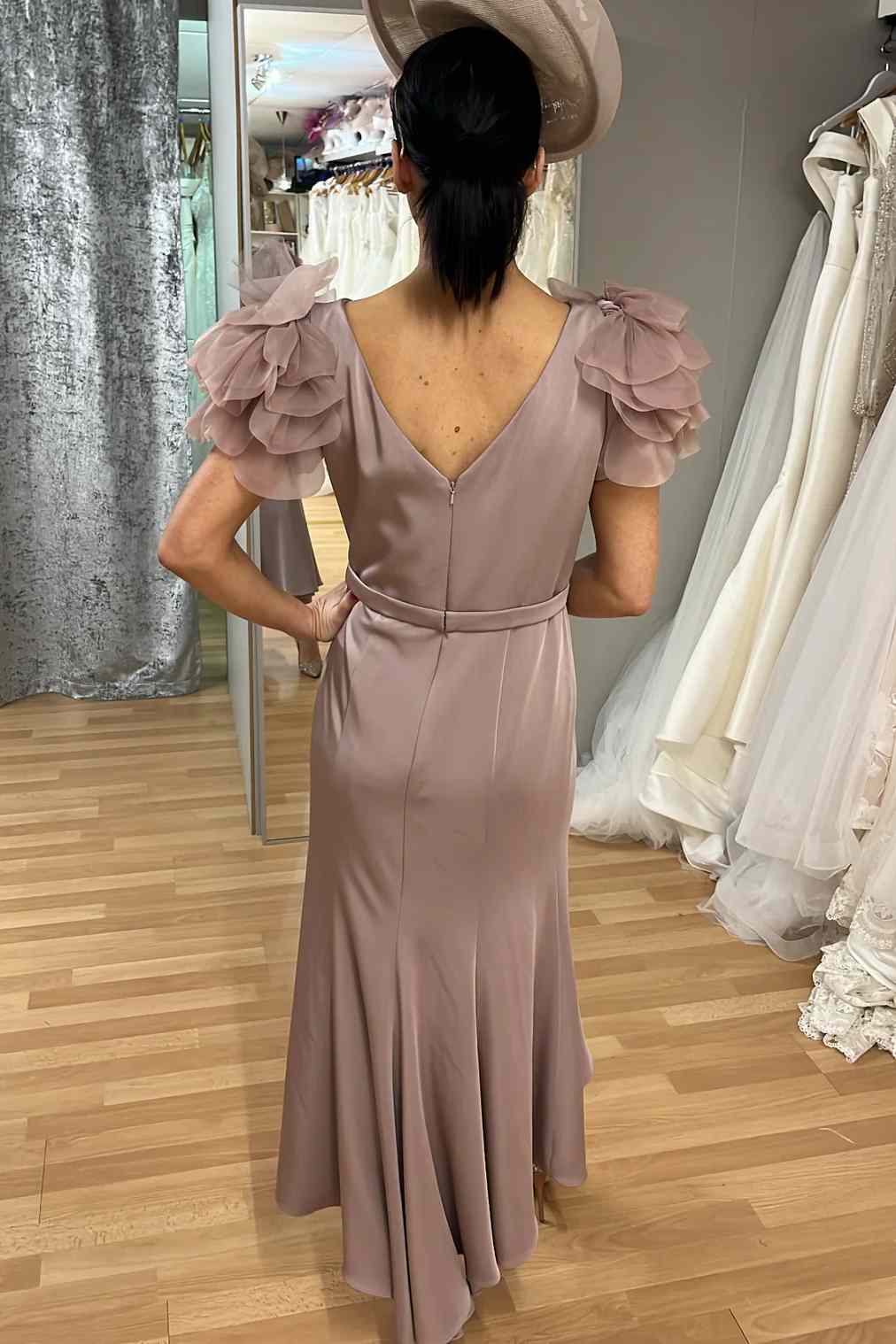 Tulle Sleeve Taupe V Neck Mother of the Bride Dress