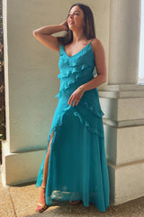 Turquoise V-Neck A-Line Long Dress with Ruffles