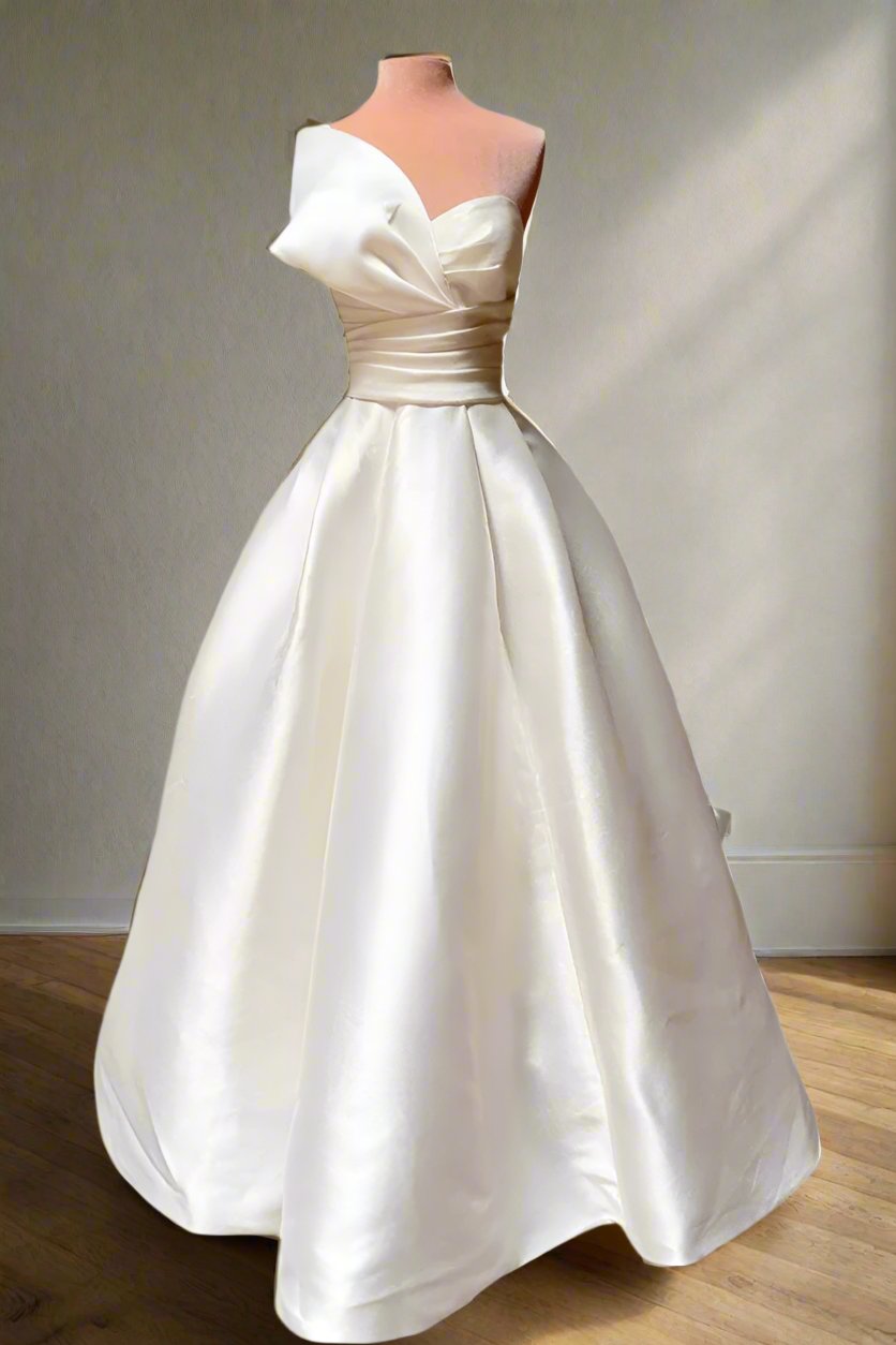 Minimalist Wedding Dress One-Shoulder Ruched Satin Bride Gown