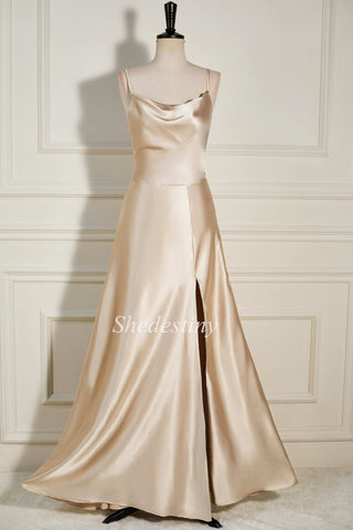 Champagne Cowl Neck A-Line Long Dress with Slit