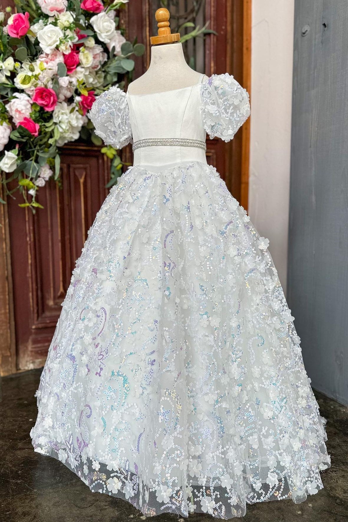 White Tulle Cold-Shoulder A-Line Flower Girl Dress with 3D Floral Lace