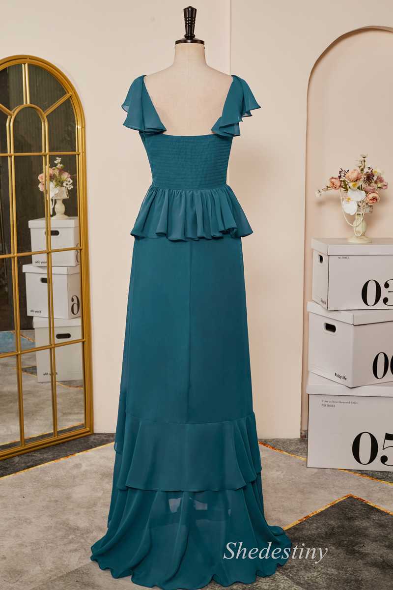 Emerald Sweetheart Flutter Sleeve Ruffle Long Dress