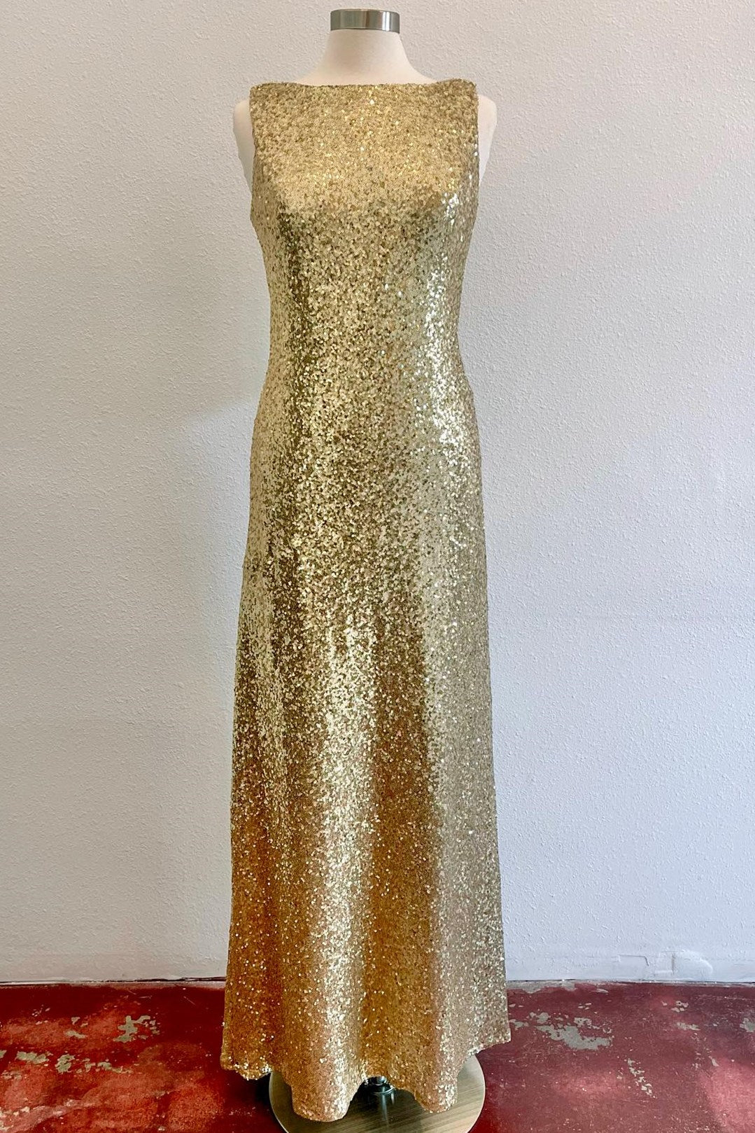 Gold Sequin Cowl Back Sheath Long Formal Dress