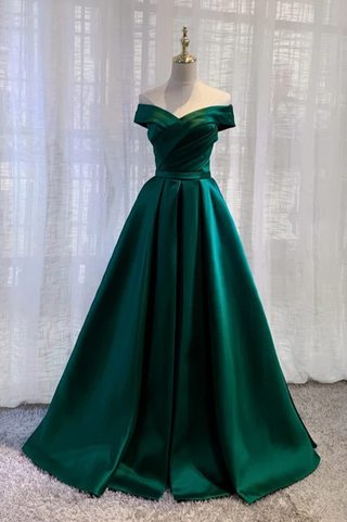 Green Off the Shoulder A Line Satin Elegant Evening Dress
