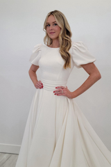 Ivory A-line Puff Sleeves Satin Sweeping Long Wedding Dress