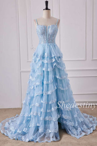 Light Blue Tulle Appliques Spaghetti Strap Ruffle Gown