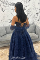 Rhinestone Navy V-Neck Pleated Tiered Prom Dress with Slit