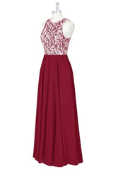 Burgundy Lace Top Jewel Sleeveless Chiffon Long Bridesmaid Dress