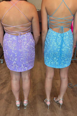 Blue Dignified Spaghetti Straps Mermaid Short Homecoming Dress with Appliques