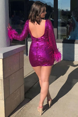 Fuchsia Sequin Plunge V Open Back Cocktail Dress with Long Sleeves