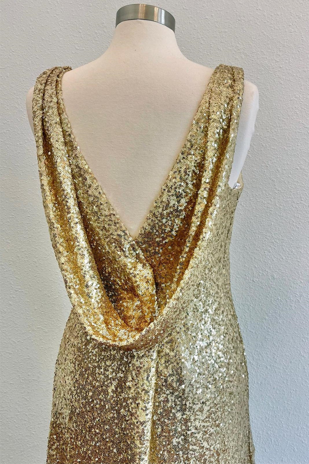 Gold Sequin Cowl Back Sheath Long Formal Dress