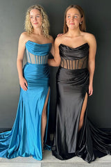 Blue Strapless Sheer Bodice Mermaid Long Formal Dress with Slit