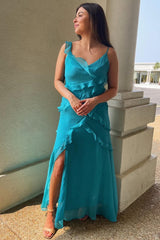 Turquoise V-Neck A-Line Long Dress with Ruffles