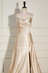 Champagne Cowl Neck A-Line Long Dress with Slit