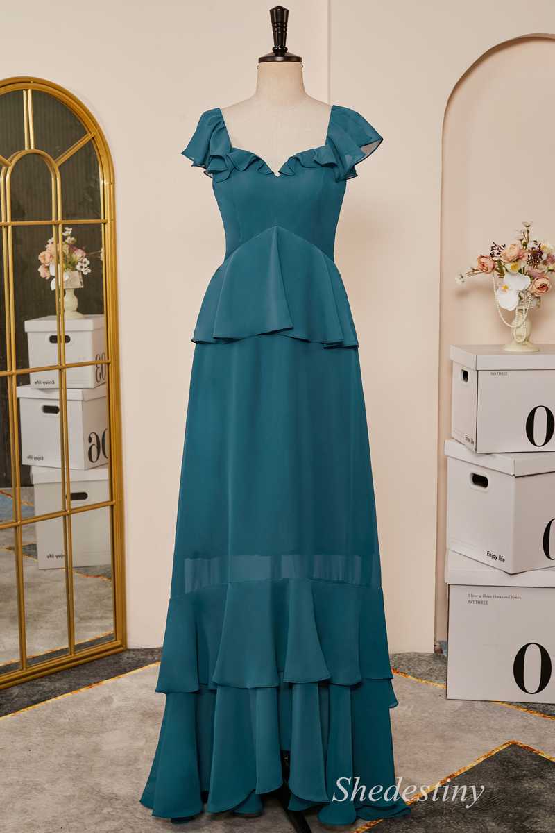 Emerald Sweetheart Flutter Sleeve Ruffle Long Dress