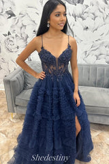 Rhinestone Navy V-Neck Pleated Tiered Prom Dress with Slit