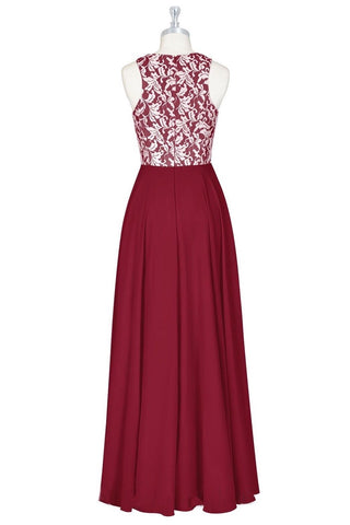 Burgundy Lace Top Jewel Sleeveless Chiffon Long Bridesmaid Dress