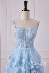 Light Blue Tulle Appliques Spaghetti Strap Ruffle Gown