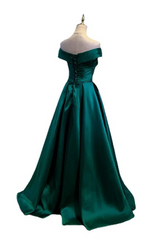 A-Line Green Off the Shoulder Satin Elegant Evening Dress