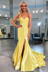 Long Mermaid Prom Dress Yellow Sweetheart Satin Dress
