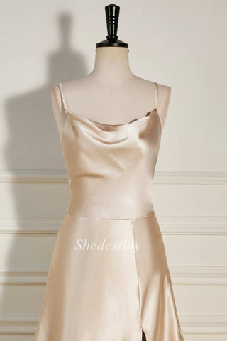 Champagne Cowl Neck A-Line Long Dress with Slit