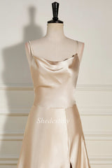 Champagne Cowl Neck A-Line Long Dress with Slit