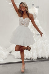 White A-Line Strapless Sweetheart Appliques Multi-Layers Mini Dress