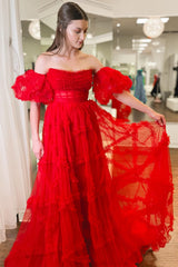 Magenta Tulle Strapless Ruffle Long Prom Dress with Puff Sleeves