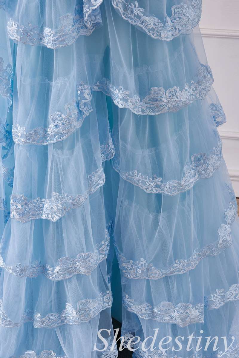Light Blue Tulle Appliques Spaghetti Strap Ruffle Gown
