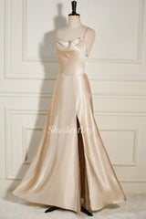 Champagne Cowl Neck A-Line Long Dress with Slit