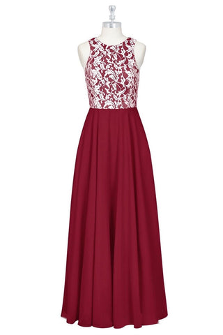 Burgundy Lace Top Jewel Sleeveless Chiffon Long Bridesmaid Dress