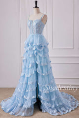 Light Blue Tulle Appliques Spaghetti Strap Ruffle Gown