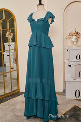 Emerald Sweetheart Flutter Sleeve Ruffle Long Dress