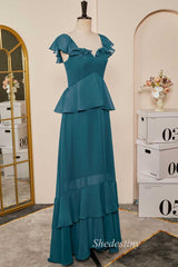 Emerald Sweetheart Flutter Sleeve Ruffle Long Dress