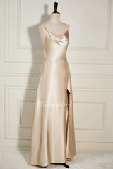 Champagne Cowl Neck A-Line Long Dress with Slit