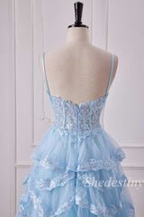 Light Blue Tulle Appliques Spaghetti Strap Ruffle Gown