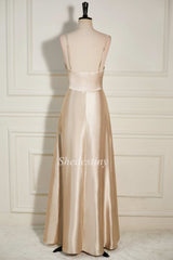 Champagne Cowl Neck A-Line Long Dress with Slit